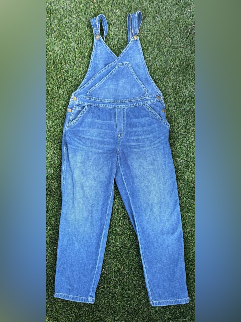 Free People Blue Denim Straight Leg Asymmetrical Pocket Cargo Overalls Size 29
